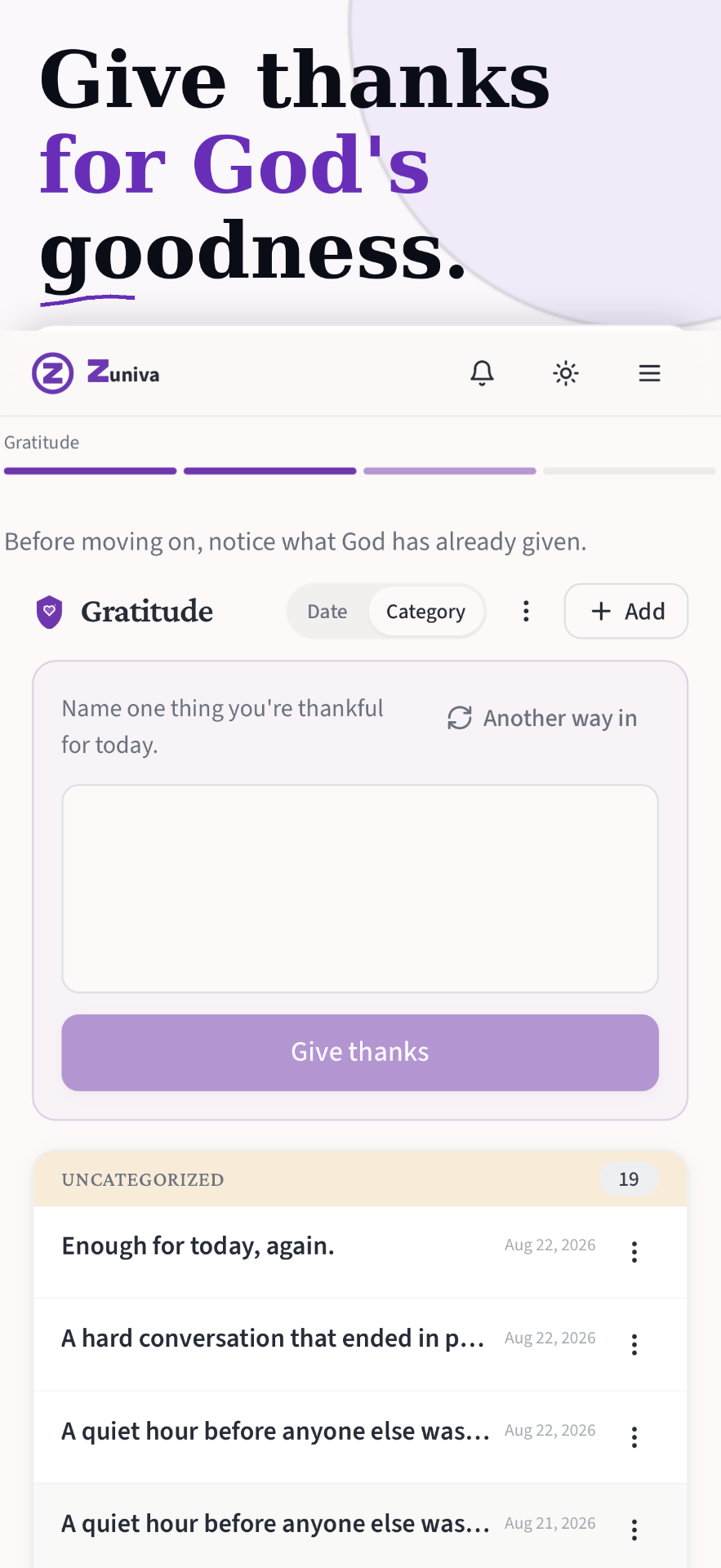 Zuniva Gratitude practice with a prompt and saved gratitude entries.