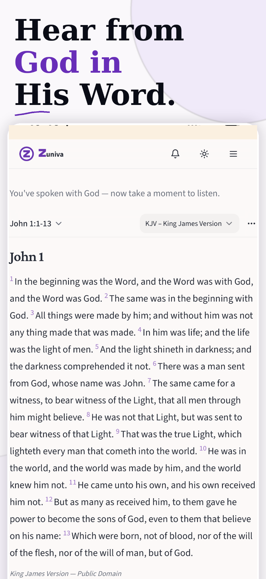 Zuniva Scripture reader displaying the first chapter of John.