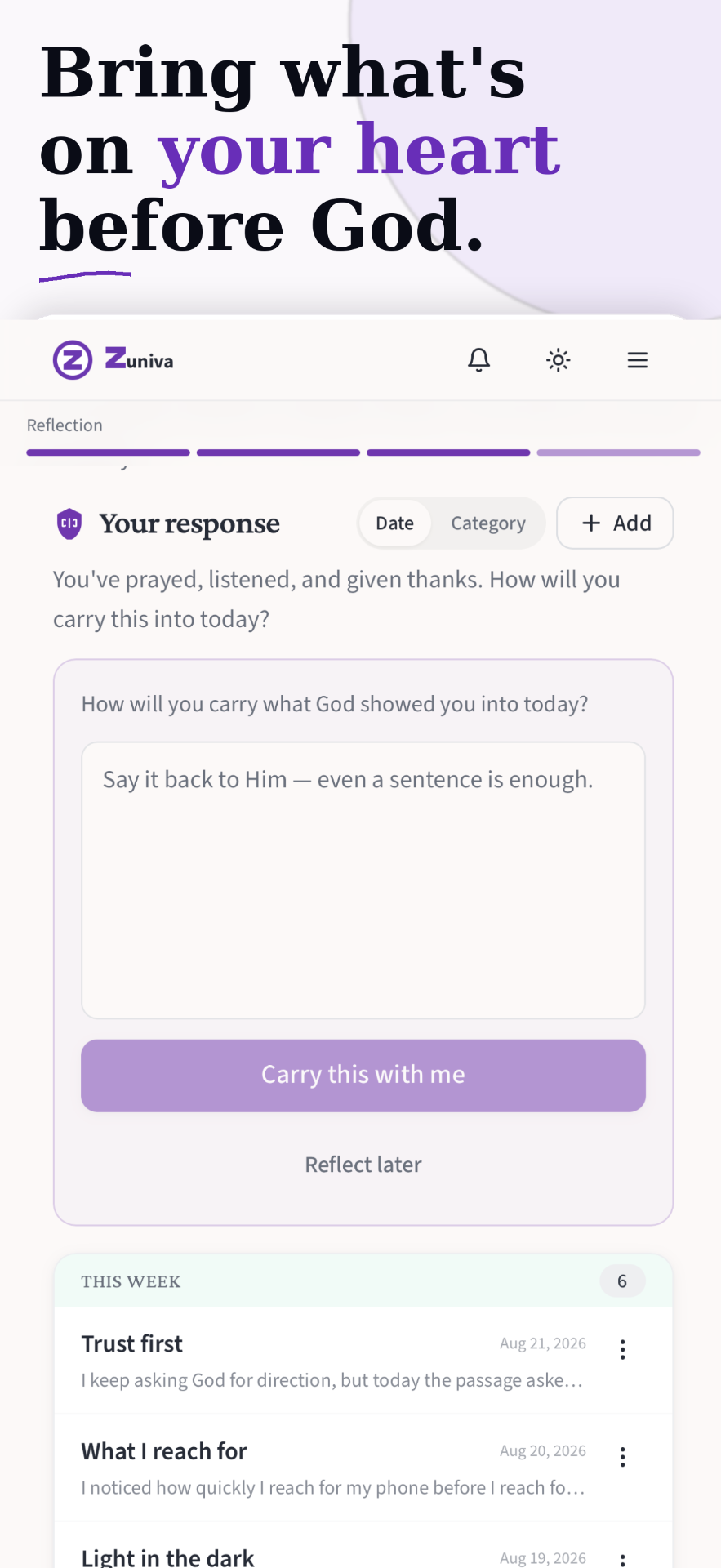 Zuniva Reflection practice with a writing prompt and saved reflections.